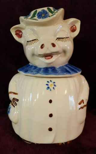 Vintage Shawnee Winnie The Pig Cookie Jar W/blue Ruffle,  Patented,  Usa