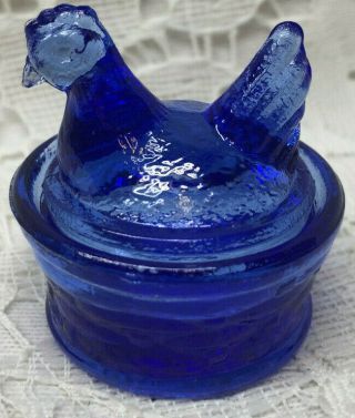 Blue Vaseline Glass Salt Cellar Hen / Chicken On Nest Basket Dish Cobalt Uranium
