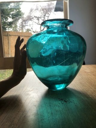Stunning Large Vintage French Emerald - Blue Heavy Glass Vase