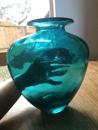 Stunning Large Vintage French Emerald - Blue heavy glass vase 2