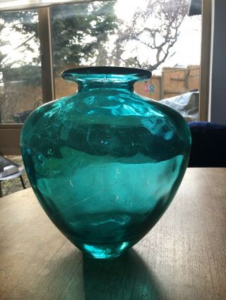 Stunning Large Vintage French Emerald - Blue heavy glass vase 3