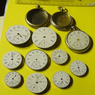 10 Vintage Pocket Watch Movements Elgin,  Waltham Salina,  Nh Watch Co.  3 Cases