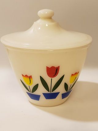 Vintage Fire King Oven Ware Tulips Grease Jar With Lid.