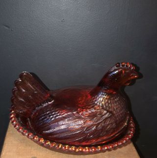 Vintage Glass Ruby Red Hen Chicken On Nest Candy Nut Dish