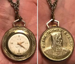 Vintage Ritz Swiss Made Mechanical Pendant Watch W/william Tell On Back Of Case