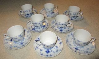 Set Of 8 Royal Copenhagen Blue Fluted Plain Cups & Saucers