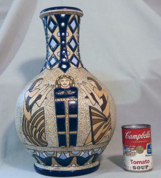 Monumental 15 - 1/2 " Amphora Pottery Vase Egyptian Revival Art Deco Czechoslovakia