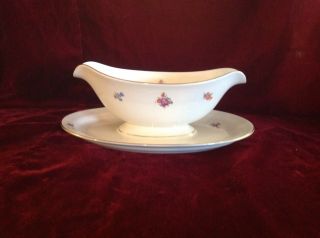 Vintage Pickard Floral Chintz China Gravy Boat Bowl Attached Saucer Look