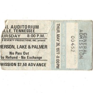 Emerson Lake & Palmer Concert Ticket Stub Nashville 5/26/77 Tour Elp Rare