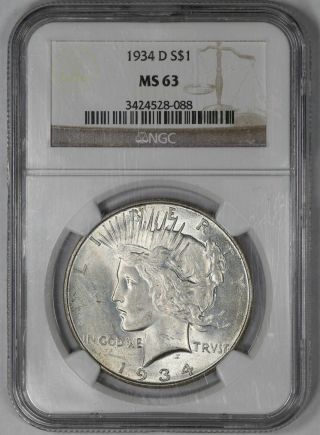 1934 D Peace Dollar $1 Ngc Certified Ms 63 State Unc (088)
