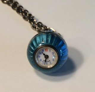 Vintage Swiss Blue Guilloche Enamel Pendant/charm Ball Watch With Chain