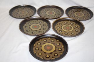 Set Of 6 Vintage Denby Langley Samarkand Brown Circles 10 " Dinner Plates England