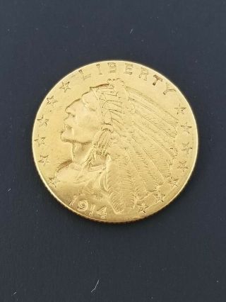 1914 Gold Indian Head 2 1/2 Dollar $2.  5 Quarter Eagle Coin Uncertified