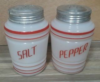 Hazel Atlas Milk Glass Beehive Ribbed Salt & Pepper Shakers Red Stripes Letters