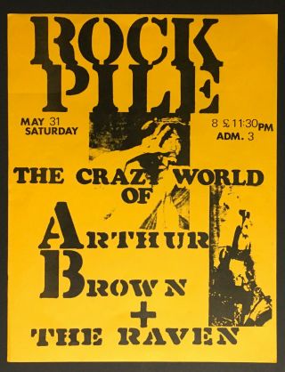 1969 Rock Pile Handbill Toronto Club Crazy World Of Arthur Brown,  Raven Music