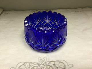Bohemian Cobalt Blue Cut To Clear Glass Votive Crystal Desk/candy Dish Vintage