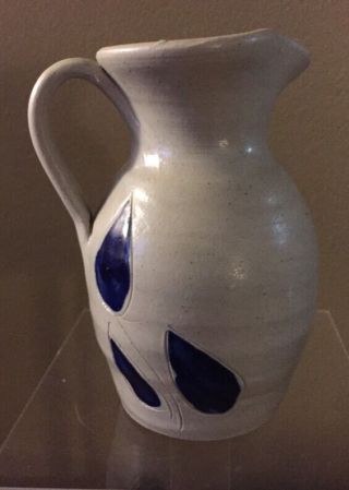 Williamsburg Pottery Salt Glaze Stoneware Cobalt Blue Leaf Pitcher Jug 5.  5 