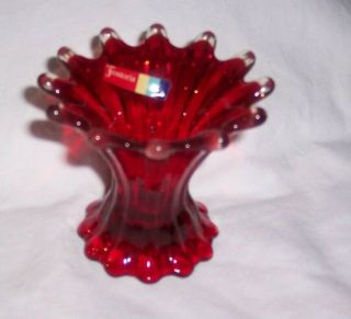 Vintage Pair Fostoria Heirloom Ruby Red Candle Holders With Tag 4 1/2 " Tall