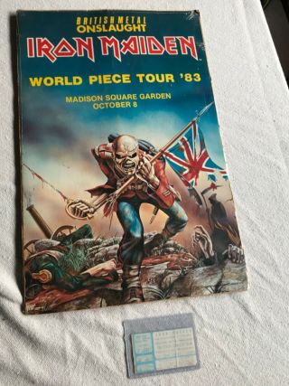Rare Vintage Iron Maiden World Piece Tour Concert Poster 1983 W/ticket Stub