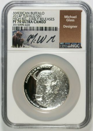 2014 $1 Tuvalu 1 Oz Silver Amer.  Buffalo High Relief Ngc Pf70 Early Releases