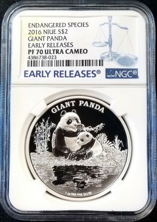 2016 Niue $2 Silver Coin,  Giant Panda,  Early Releases,  Pf 70 Ultra Cameo By Ngc
