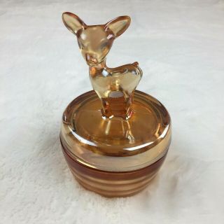 Vtg Jeannette Glass Co Marigold Iridescent Bambi The Deer Powder Jar Candy Dish