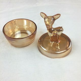 Vtg Jeannette Glass Co Marigold Iridescent Bambi The Deer Powder Jar Candy Dish 2