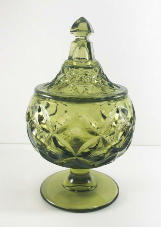 Hfm Vintage Green Glass Candy Dish With Lid 8 1/4 " H Pre - Owned