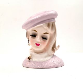 1963 Inarco 5.  75 " Teen Girl Lady Head Vase E - 1063 W/ Earrings Lavender Sweater