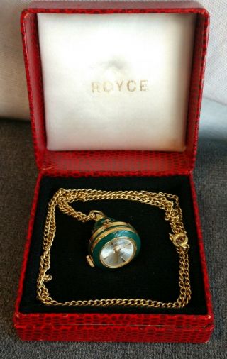 Vintage Royce Swiss Made 17j Enamel Pendant Ball Watch Necklace Box