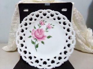 Vintage Westmoreland Glass Hand Painted Roses On " Forget Me Not " Plate