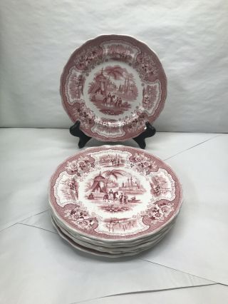 Antique Red Transferware Plate Adams & Sons 1830 Palestine Set Of 7