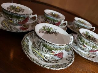 Johnson Brothers Friendly Village The Ice House Set Of 5 Tea Cup Saucers England