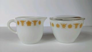 Pyrex Corelle Corning Butterfly Gold Sugar Creamer Set W/ Lid Milk Glass Vintage