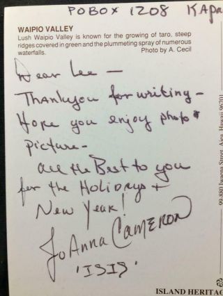 Autographed Joanna Cameron Isis Authentic Signed Tv Actress Postcard Letter A86
