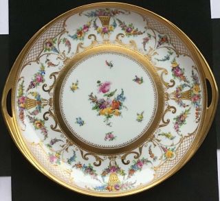 Dresden Hand Painted Porcelain 11 1/2” Cake Plate Handles Floral Gold German