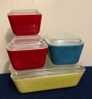 Vintage Pyrex Glass Lids Primary Blue Red Yellow Refrigerator Dish 501 502 503