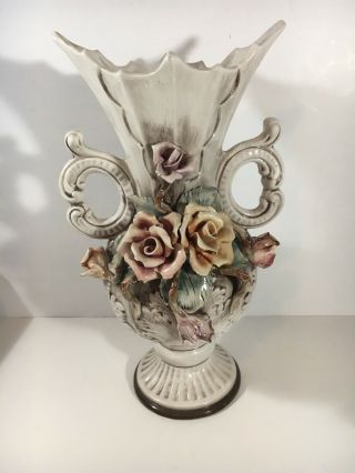 Capodimonte Porcelain Two Handle Vase Applied Pink Roses Vintage Italy 16” Tall