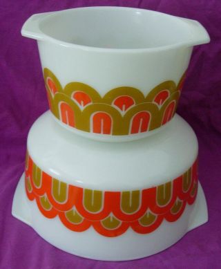 Pair Vintage Pyrex Orange And Gold Arches Tabbed Bowls Deco