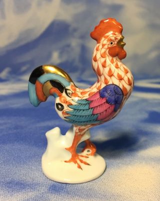 2 " Herend Rust Fishnet " Rooster " Porcelain Chicken Bird Figurine 5042 Euc