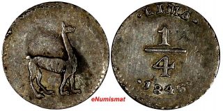 Peru Silver 1846/1836 Lima 1/4 Real Overdate 4/3 Scarce Aunc Km 143.  1