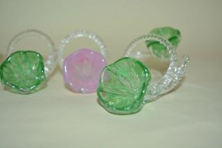 7 Flower Napkin Rings Handmade Glory Art Glass Sandown Isle Of Wight Green Pink