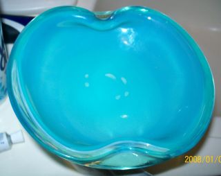 Mod Era Murano Italian Opaline Blue Turquoise Art Glass Bowl 7 " Long