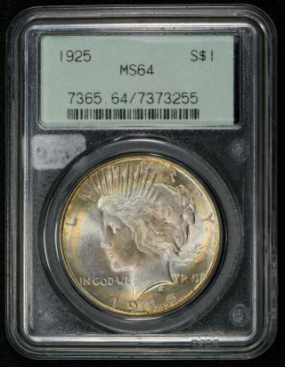 1925 $1 Silver Peace Dollar,  Pastel Rainbow Toning Gen 2.  1 Pcgs Ms64 S560
