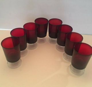 8 Vintage Luminarc Arcoroc Ruby Red Glass Clear Stemmed Glasses