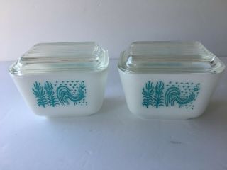 2 Vintage Pyrex Amish Butterprint Rooster On White Refrigerator Dishes With Lids
