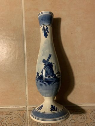 Vintage Delft Blauw Hand Painted Holland 10” Vase Windmill & Ship