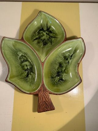 Vintage Treasure Craft Hawaii - 3 Part Divided Leaf Dish 377 Mcm Avocado Green