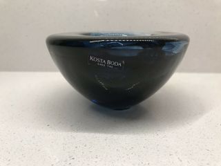 Kosta Boda " Atoll " Glass Votive,  Navy Swirls,  4 1/2 " Round Sweden