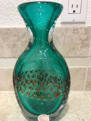 Vintage Decorative Art Glass Vase Green Hand Blown W/copper Foil Made In Spain
